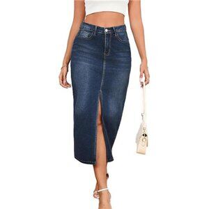 Women's Jean Skirt High Waist Slit Deep Blue
